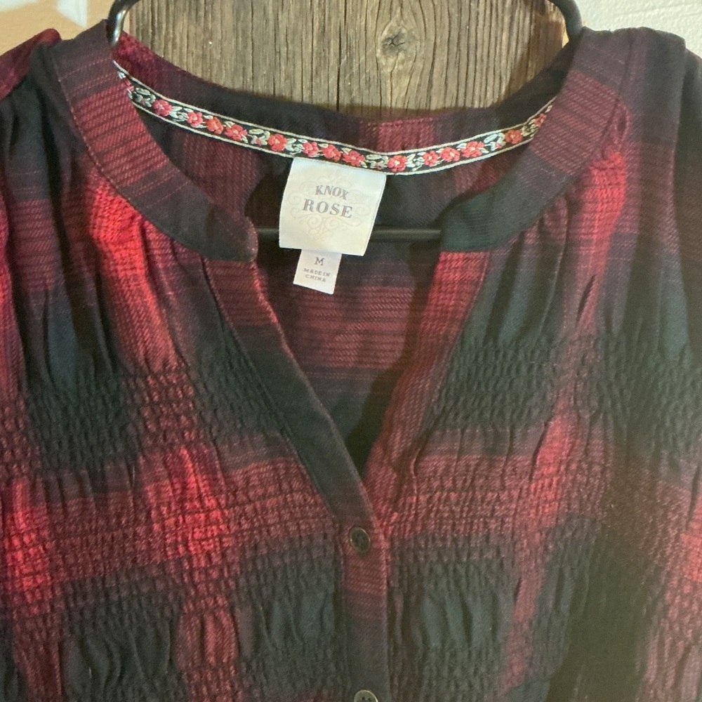 Knox Rose Flannel Plaid Button-Up Dress - Red and Black - Picture 3 of 8